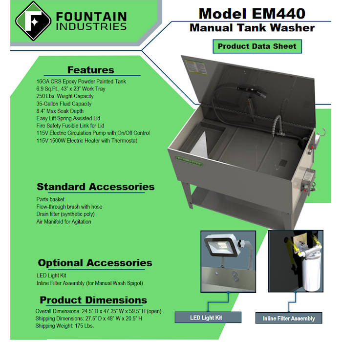 EcoMaster EM440 Stainless Aqueous Parts Washer Features 