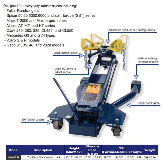 Hein-Werner HW93718 1-Ton Low Profile Transmission Jack Features & Specifications