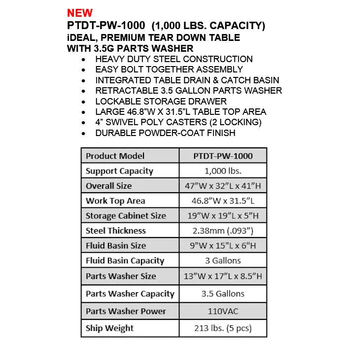 iDEAL PTDT-PW-1000 Premium Tear Down Table & Parts Washer Features & Specifications
