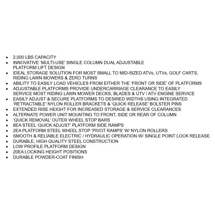 iDEAL SC-2K-UTV-X Single Column UTV Mower Lift Specifications