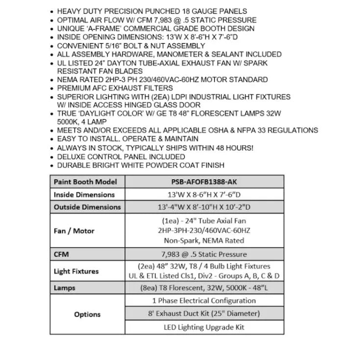iDEAL PSB-AFOFB1388-AK-3PH Open Front Paint Spray Booth Features & Specifications