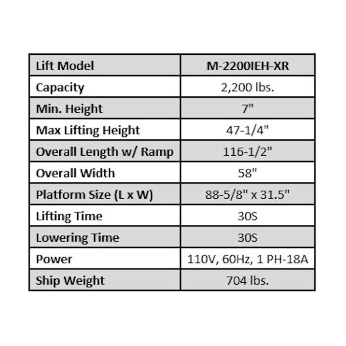 iDEAL M-2200IEH-XR Pro Series Power Sport Motorcycle Lift Specifications