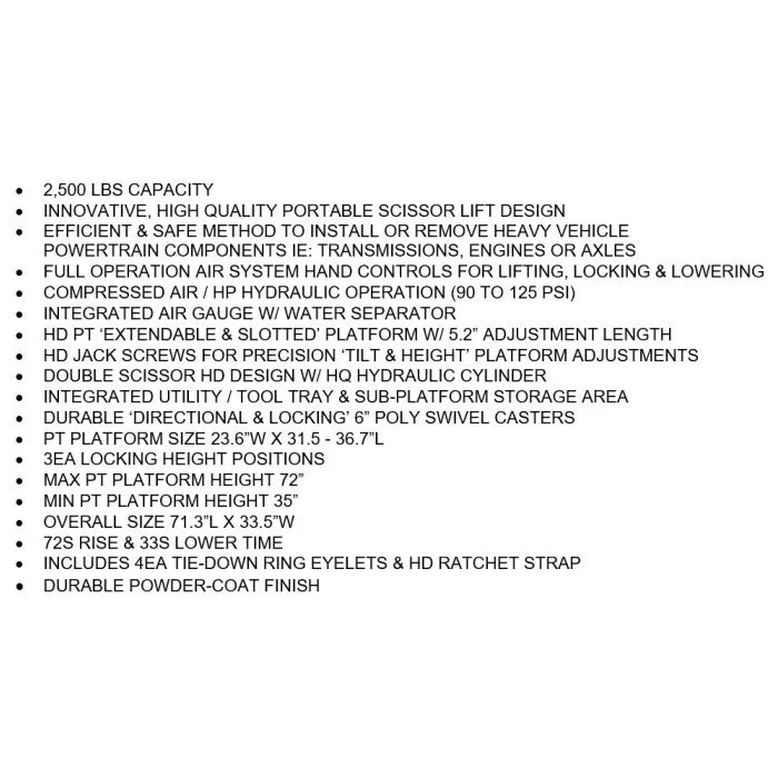 iDEAL LT-PT2500AH-X Powertrain Lift Table Specifications