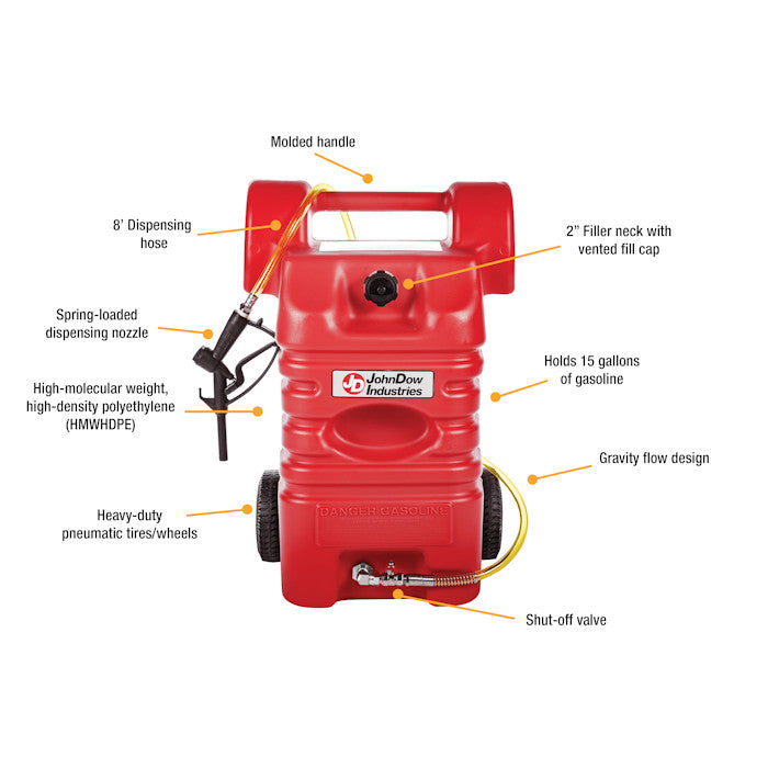 JohnDow FC-15PFC 15-Gallon Portable Poly Gas Caddy Features 