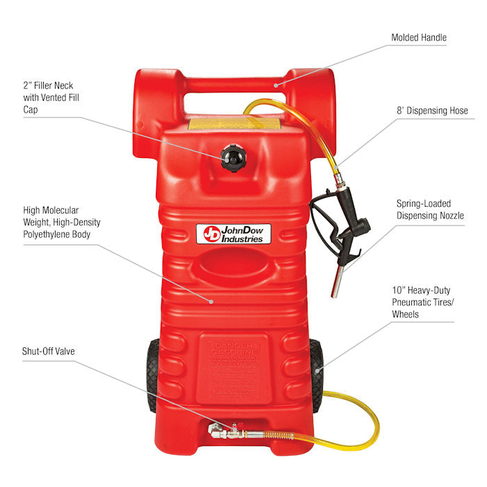 JohnDow FC-25PFC 25-Gallon Portable Poly Gas Caddy Features 