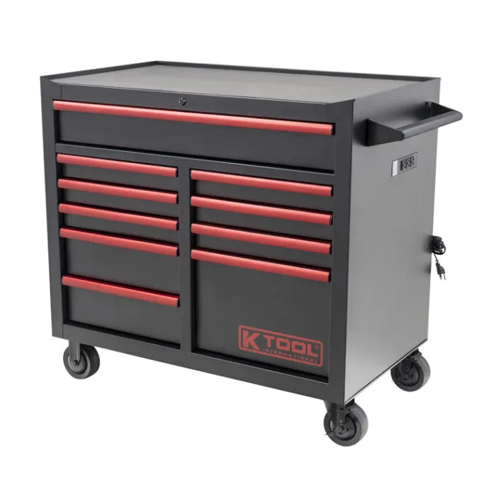K Tool KTI75132 41" Premium 10-Drawer Rolling Cabinet in Matte Black with Red Drawer Pulls
