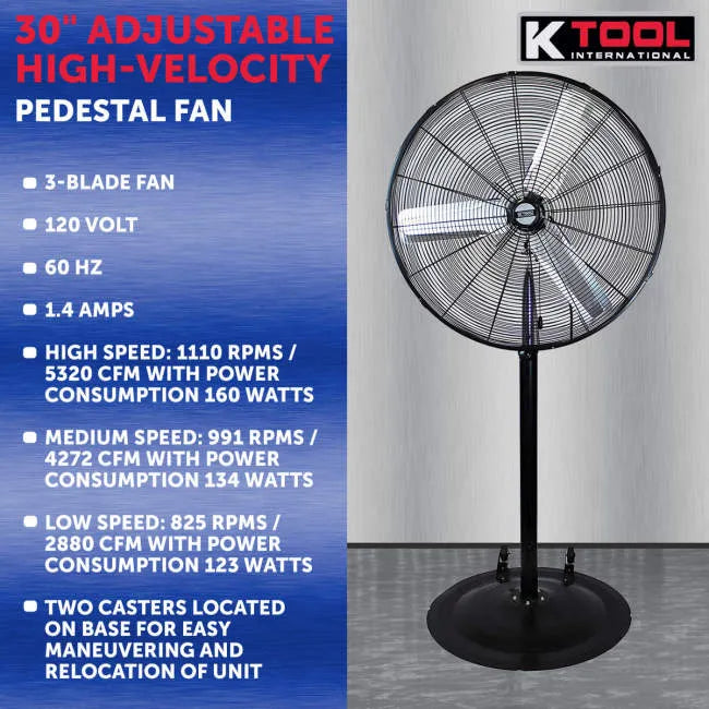 K Tool KTI77730 30" Adjustable High-Velocity Pedestal Fan