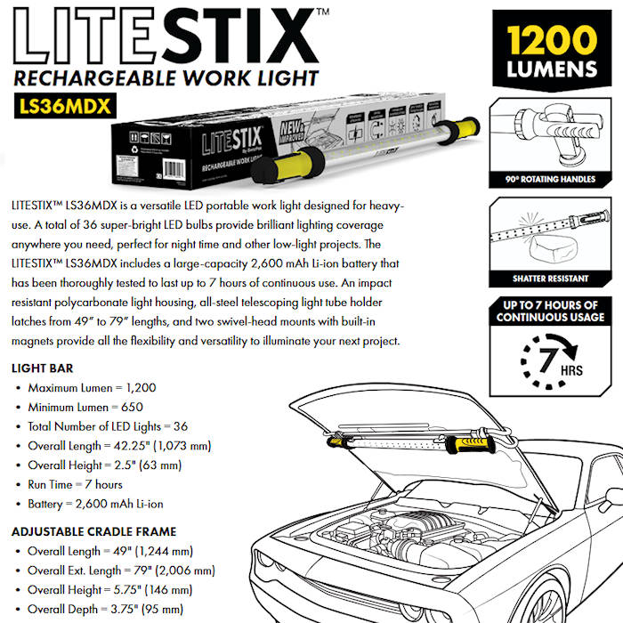 LiteStix LS36MDX Cordless LED Underhood Work Light Specifications