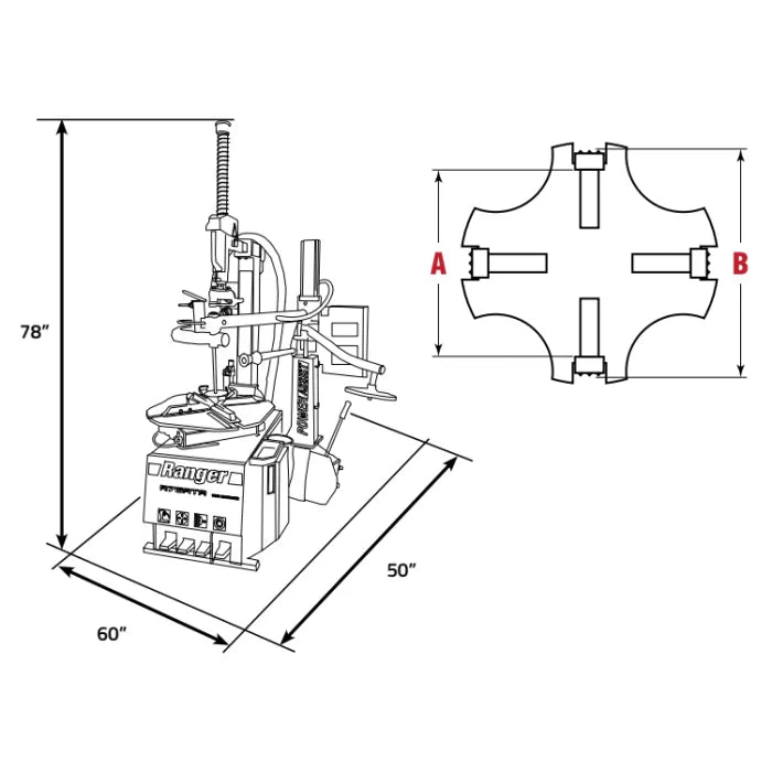 Ranger R76ATR Tilt-Back Tire Changer & Single Tower AssistDimensions