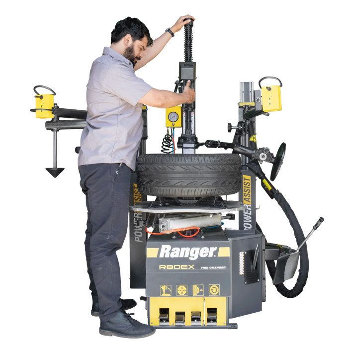 Ranger R80EX Tilt Back Dual-Tower Assist Tire Changer In Use