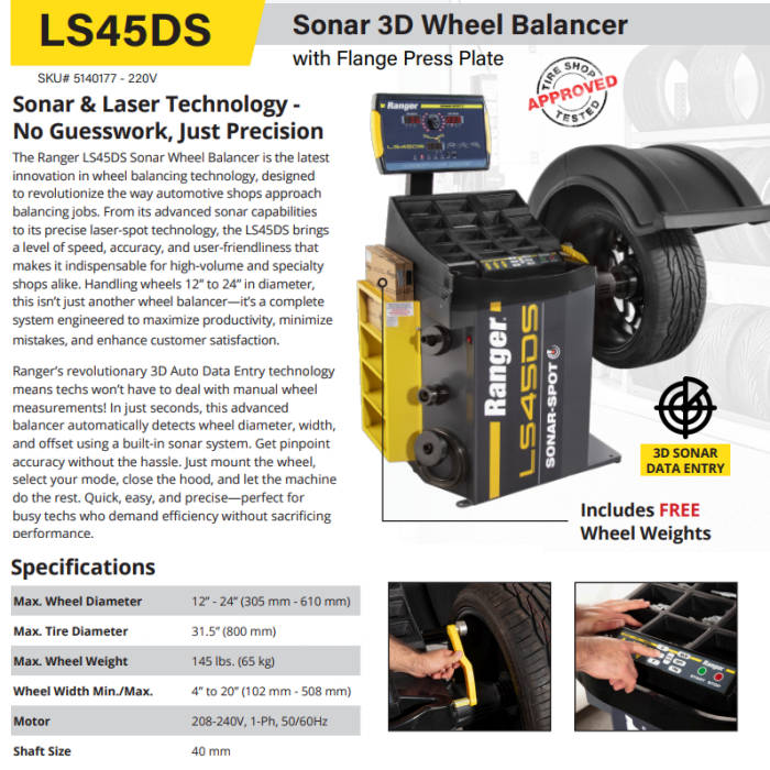 Ranger LS45DS Sonar 3D Laser-Spot Wheel Balancer Features