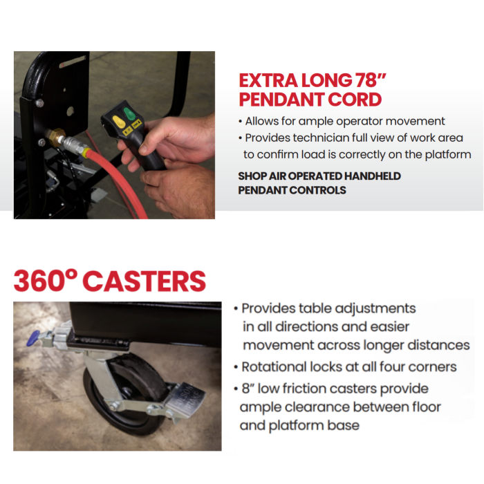 Rotary LT35A Air Hydraulic Lift Table Extra Long Pendant Cord & 360 Casters