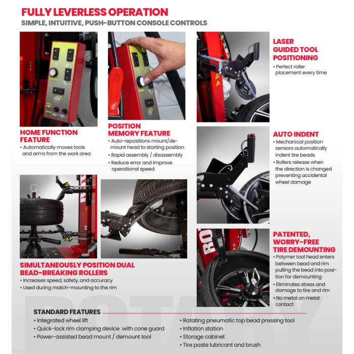 Rotary R1250 Leverless Pro Automatic Tire Changer Features