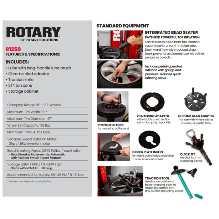 Rotary R1250 Leverless Pro Automatic Tire Changer Specifications & Standard Equipment