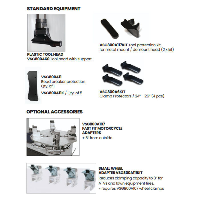 Rotary R144i Swing-Arm Tire Changer Standard Equipment and Optional Accessories