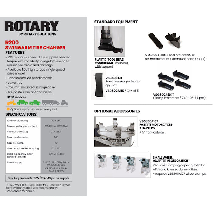 Rotary R200 Swing-Arm Tire Changer Specifications & Accessories