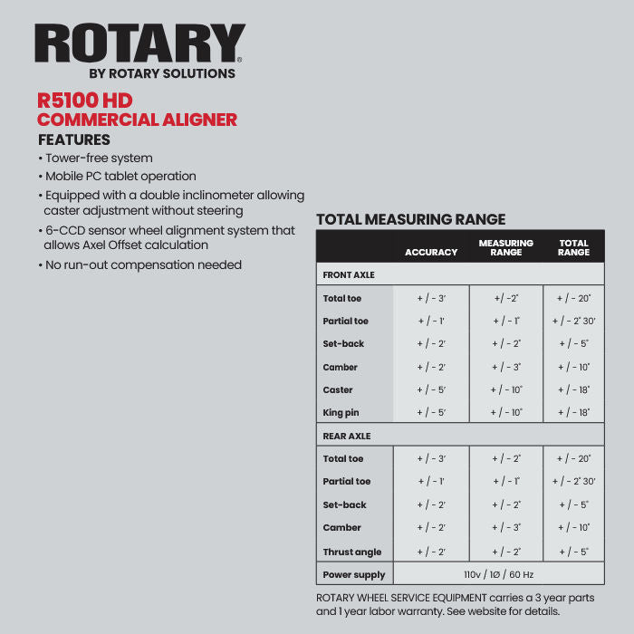 Rotary R5100HD Towerless Heavy-Duty Truck & Trailer Aligner Specifications 