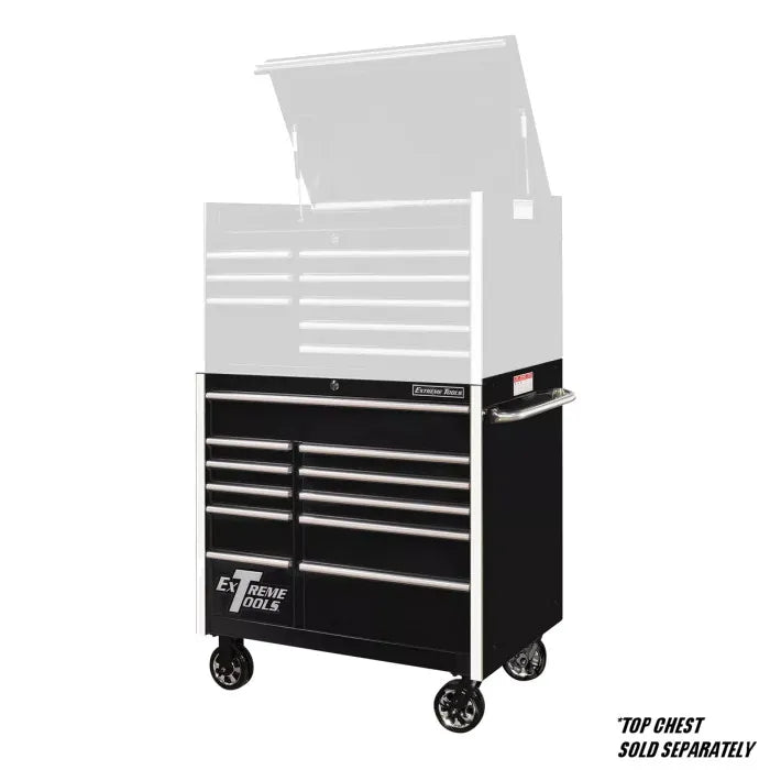 Extreme Tools RX Professional Series 41" Rolling Cabinet in Black with Chrome Drawer Pulls Shown with Top Chest