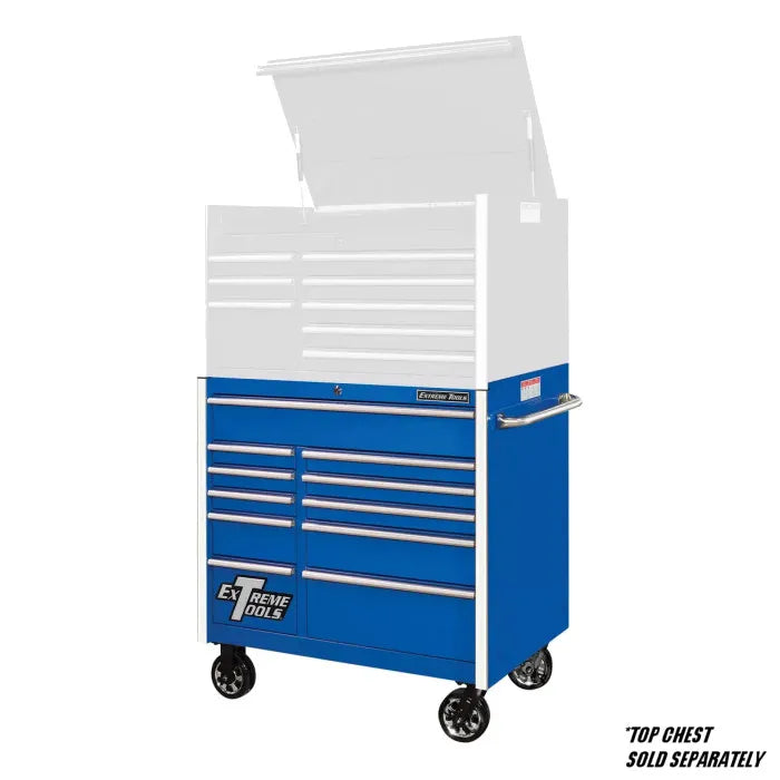 Extreme Tools RX Professional Series 41" Rolling Cabinet in Blue with Chrome Drawer Pulls Shown with Top Chest