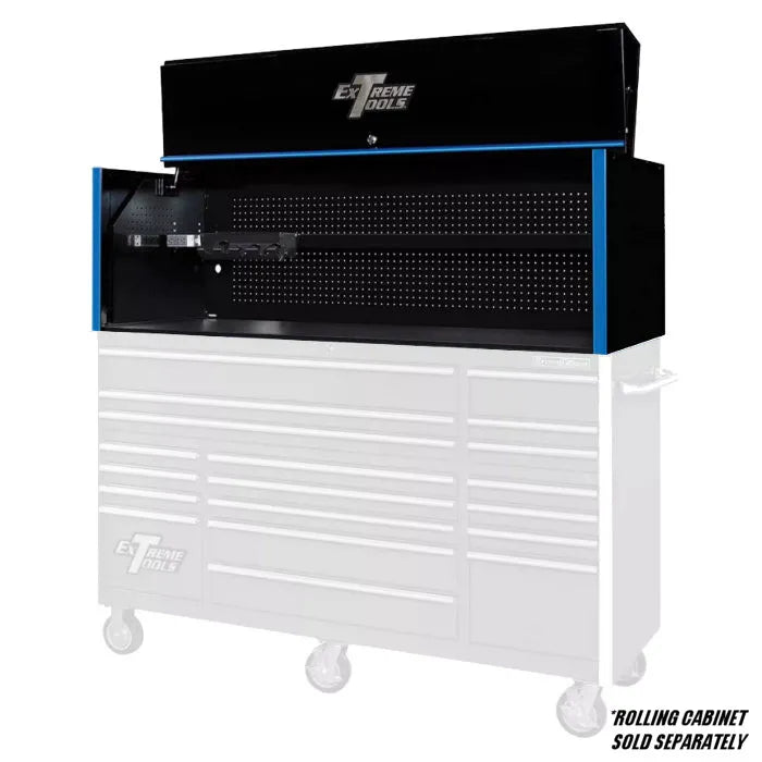 Extreme Tools RX Professional Series 72" Extreme Power Workstation Hutch in Black with Blue Accents Shown with Rolling Cabinet