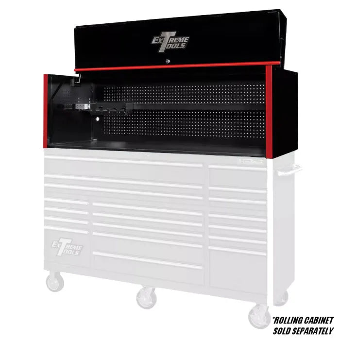Extreme Tools RX Professional Series 72" Extreme Power Workstation Hutch in Black with Red Accents Shown with Rolling Cabinet