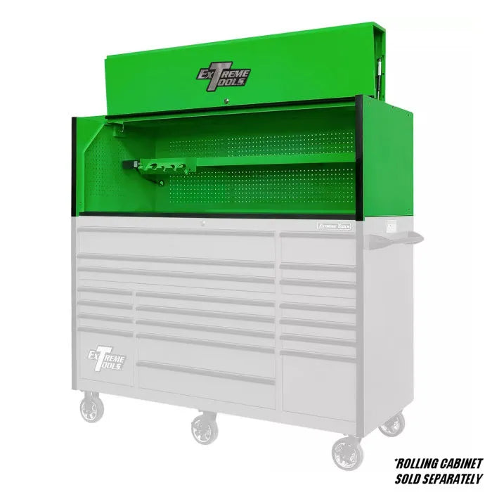Extreme Tools RX Professional Series 72" Extreme Power Workstation Hutch in Green with Black Accents Shown with Rolling Cabinet