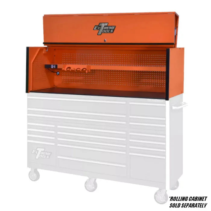 Extreme Tools RX Professional Series 72" Extreme Power Workstation Hutch in Orange with Black Accents Shown with Rolling Cabinet