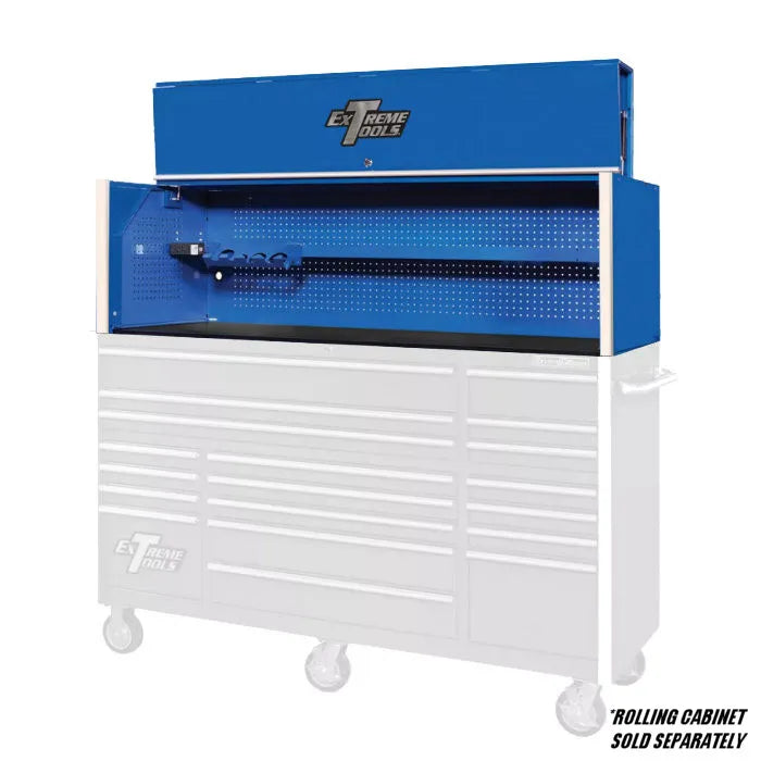 Extreme Tools RX Professional Series 72" Extreme Power Workstation Hutch in Blue with Chrome Accents Shown with Rolling Cabinet