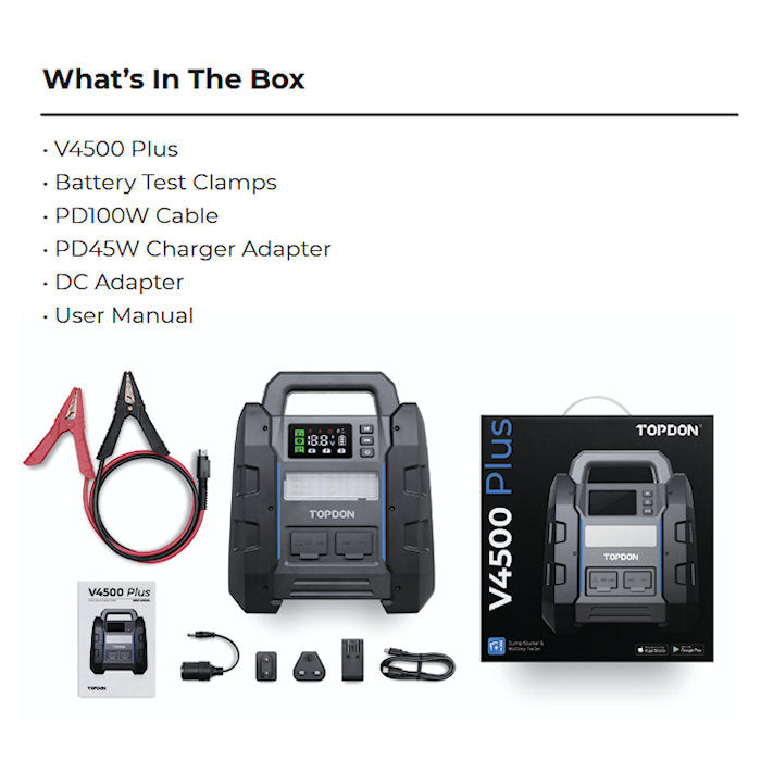 TOPDON V4500 Plus Jump Starter & Battery Tester What's Included