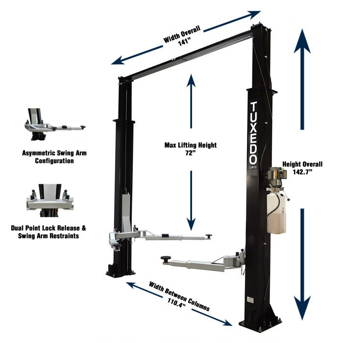 Tuxedo TP9KAC Asymmetric Clear Floor Two Post Lift 9,000 lbs. Capacity Dimensions