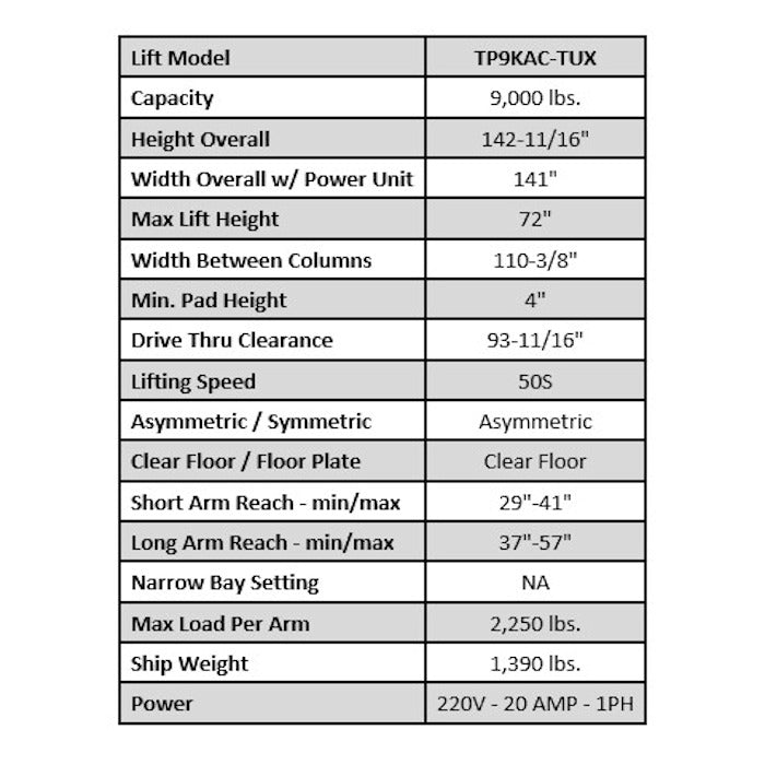 Tuxedo TP9KAC Asymmetric Clear Floor Two Post Lift Specifications