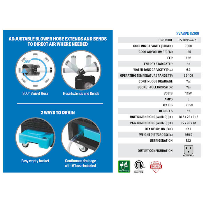VisionAir 2VASPOT5300 Portable Indoor Outdoor Spot Cooler Specifications 