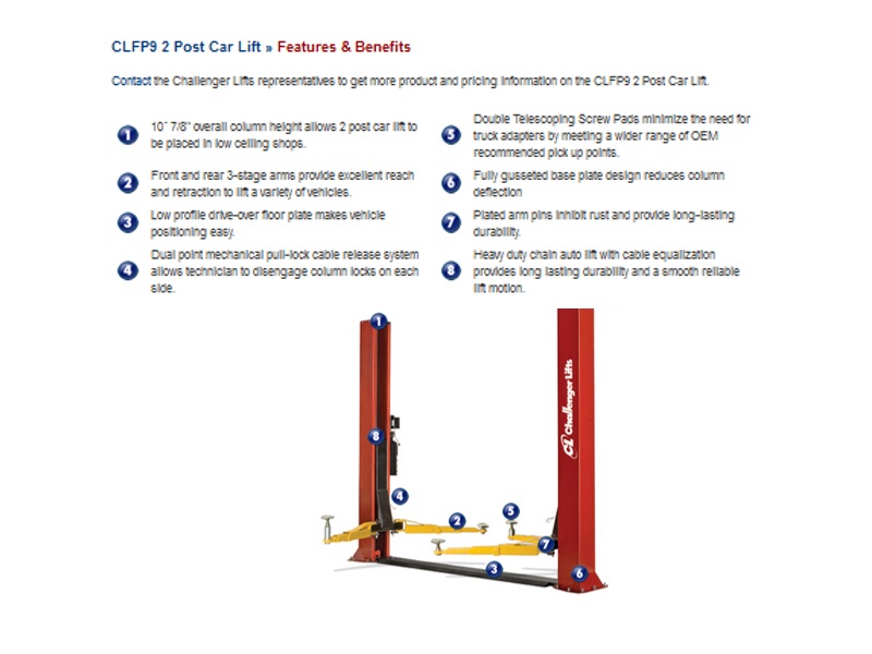 Challenger Lifts CLFP9 Two Post Lift Features 